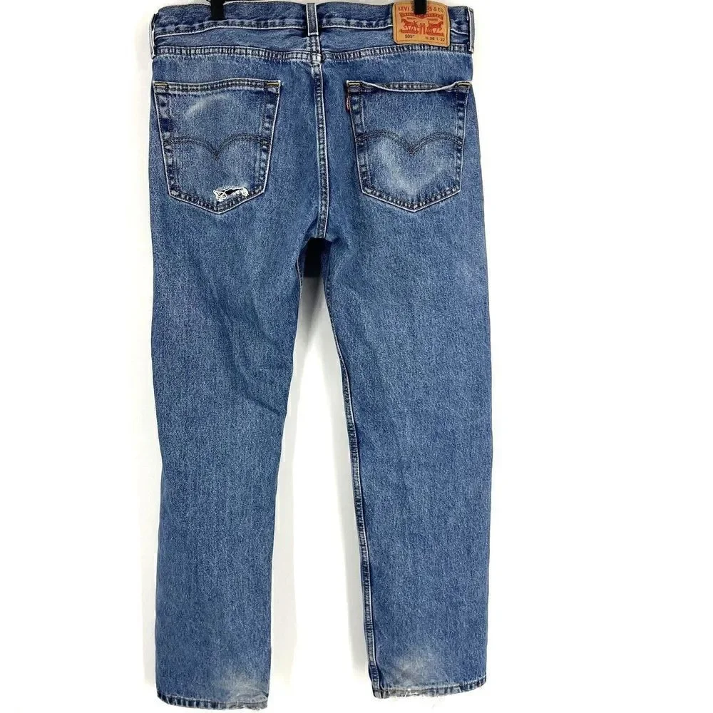Levis 505 Jeans 36x32 Mens Faded Blue Distressed Denim Straight Leg Cotton